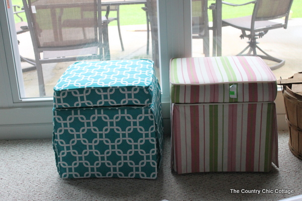 DIY Upholstered Coffee Table -- use reupholstered ottomans and a tray as a coffee table. Easy to do it yourself from thrift store finds! DIY Upholstered Coffee Table -- use reupholstered ottomans and a tray as a coffee table. Easy to do it yourself from thrift store finds!