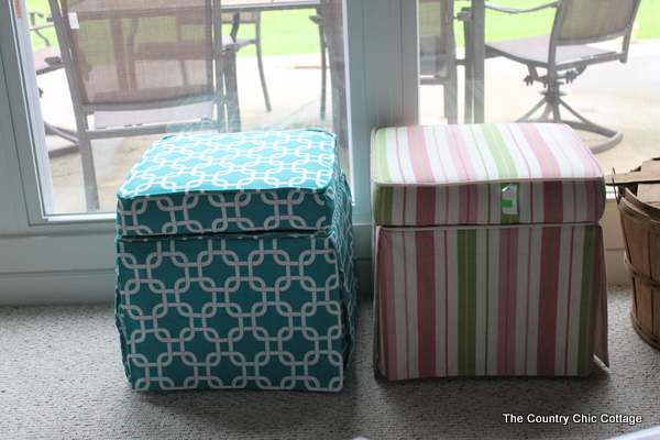 DIY Upholstered Coffee Table -- use reupholstered ottomans and a tray as a coffee table. Easy to do it yourself from thrift store finds!