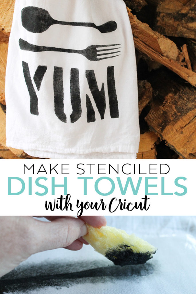 Use your Cricut machine to make stenciled dish towels in minutes! A fabulous handmade gift where you can pick any design that you like! #cricut #cricutmade #stencil #kitchen