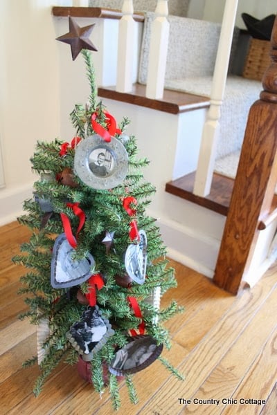 small tree with handmade christmas ornaments
