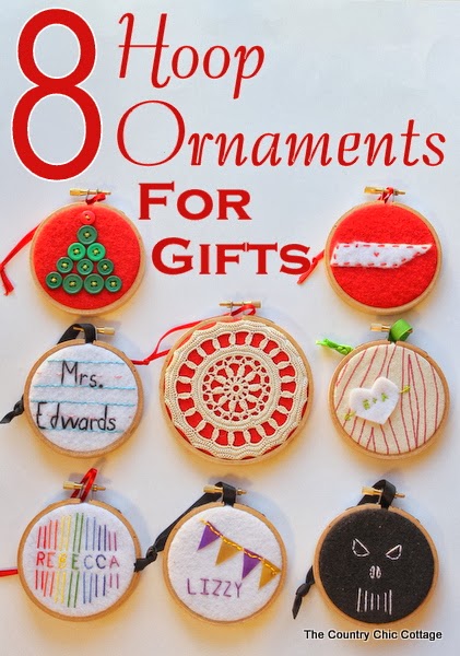 Handmade Gift Idea: 8 hoop ornaments that can be given as gifts this year. Ideas for everyone on your Christmas list.