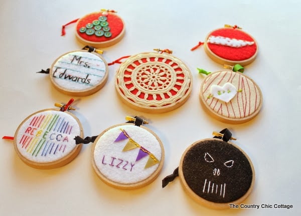 Handmade Gift Idea: 8 hoop ornaments that can be given as gifts this year. Ideas for everyone on your Christmas list.