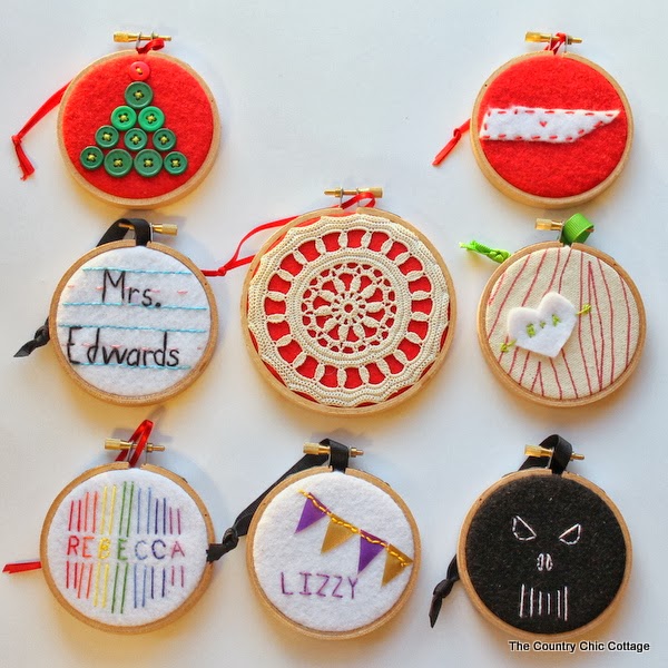 Handmade Gift Idea: 8 hoop ornaments that can be given as gifts this year. Ideas for everyone on your Christmas list.