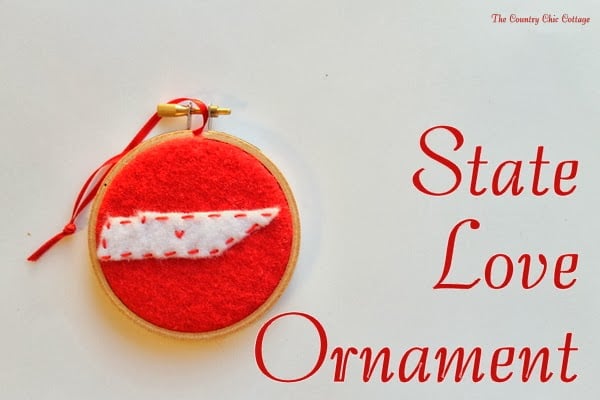 Handmade Gift Idea: 8 hoop ornaments that can be given as gifts this year. Ideas for everyone on your Christmas list. State of Love Ornament