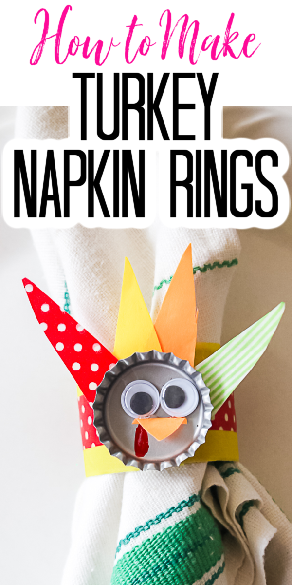 This turkey napkin rings craft can be made with bottle caps and a few other supplies that you may have around your home! The kids will love the make these! #thanksgiving #thanksgivingcrafts #turkey #turkeycrafts