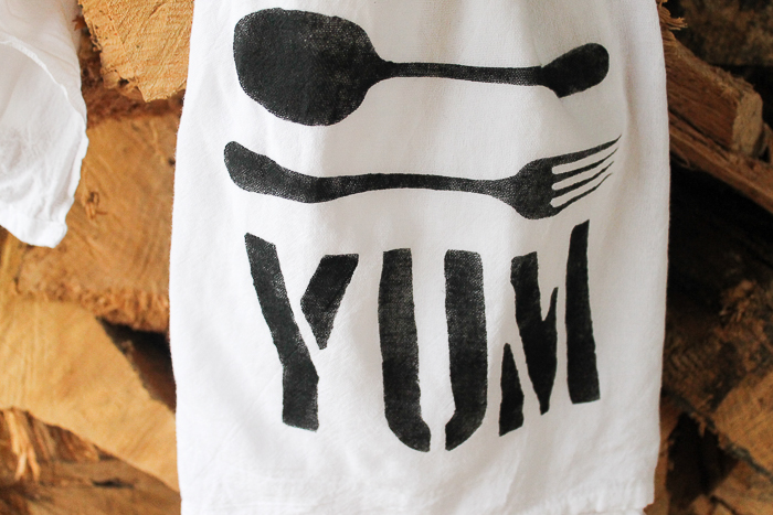 yum stenciled DIY tea towels