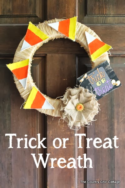 Trick or Treat Halloween Wreath -- a quick and easy candy corn wreath for your Halloween decor.