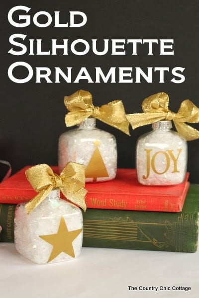 Gold Silhouette Ornaments -- make these simple Christmas ornaments using gold vinyl in just a few minutes. Gold Silhouette Ornaments -- make these simple Christmas ornaments using gold vinyl in just a few minutes.