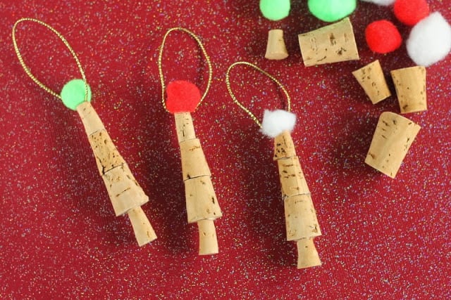 Kids Craft: Cork Tree Ornaments -- make these in just a few minutes with the kids help of course! completed Christmas tree wine cork ornaments
