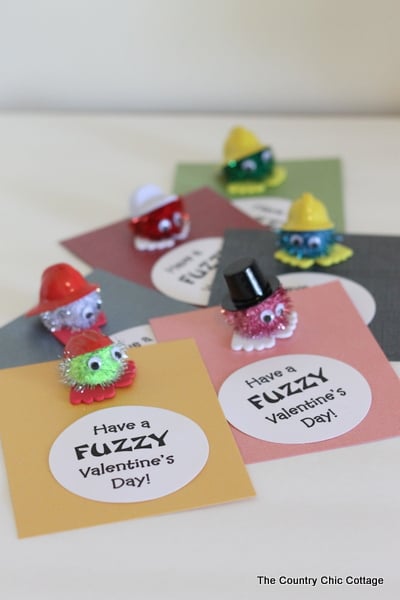 homemade valentine card with pom-pom character