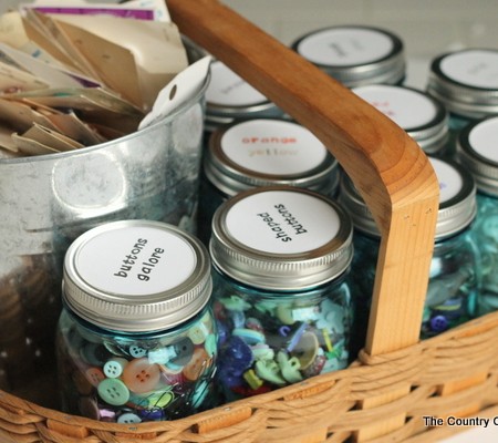 basket with mason jars and buttons