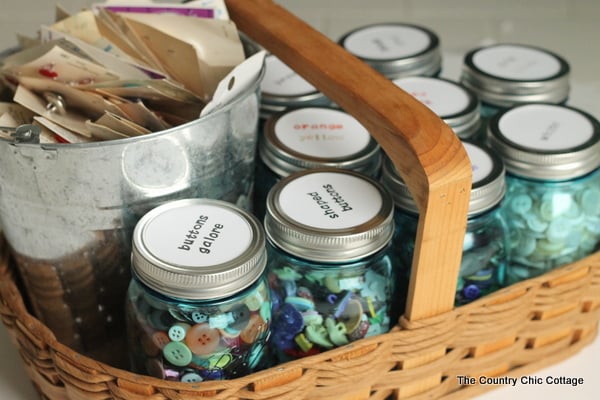 mason jar button storage containers in basket 