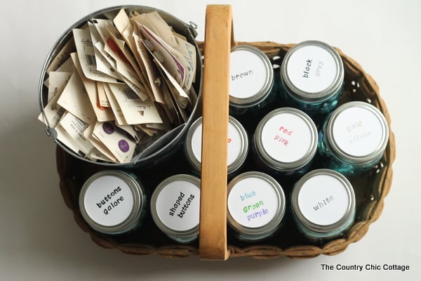 Button Storage Container top view of basket with mason jars