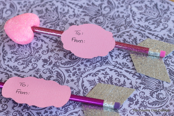Purple glitter pencil with heart on the end to make an arrow shaped valentine card