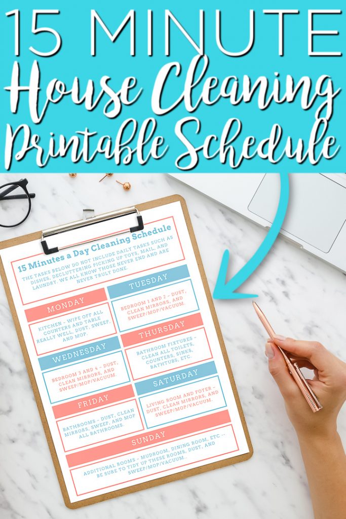 You can print this 15 minute a day cleaning schedule for free then start using it to organize your cleaning routine each day! #cleaning #cleaningchecklist #checklist #freeprintable #printable #housecleaning