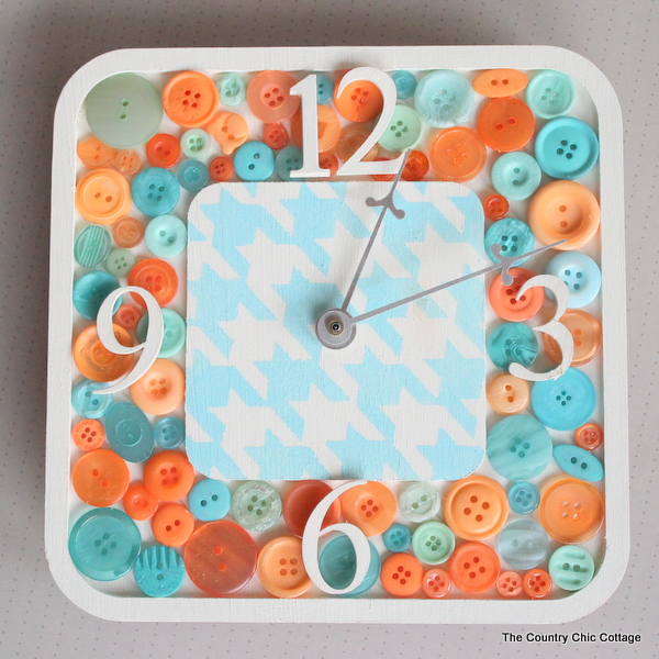 DIY Button Clock -- make your own button clock for a craft room or any room in your home. Completed DIY clock with a button frame