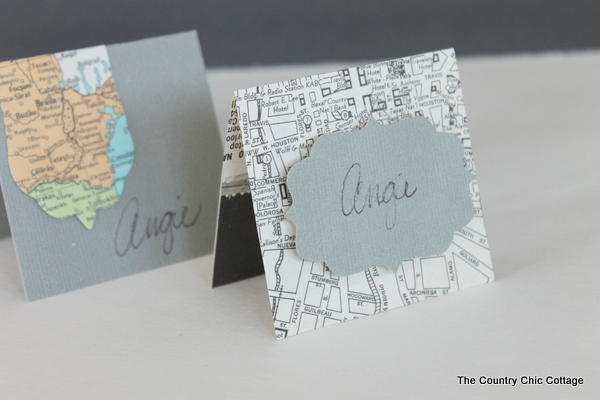 Recycled Map Placecards -- make placecards for your next party or a wedding from recycled maps with these great ideas. monochromatic name card