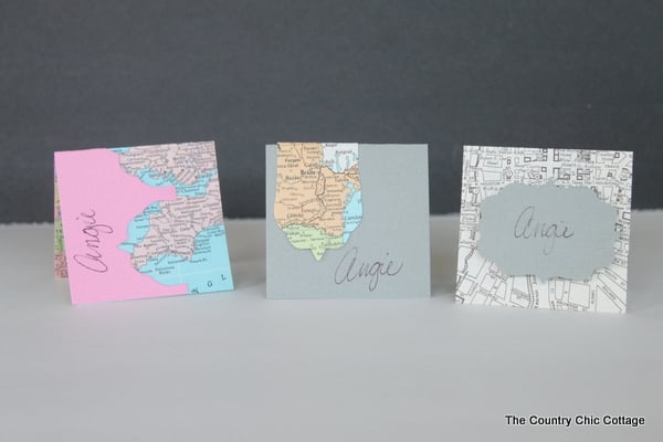 Recycled Map Placecards -- make placecards for your next party or a wedding from recycled maps with these great ideas. Make name cards for your next party or a wedding from recycled maps with these great ideas.