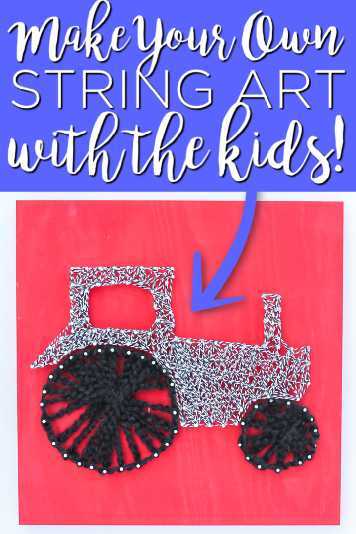 Make this DIY string art with your kids! This easy craft idea will keep them busy wrapping string around nails to create a cute picture they can hang in their rooms! #stringart #kidscrafts #kids 