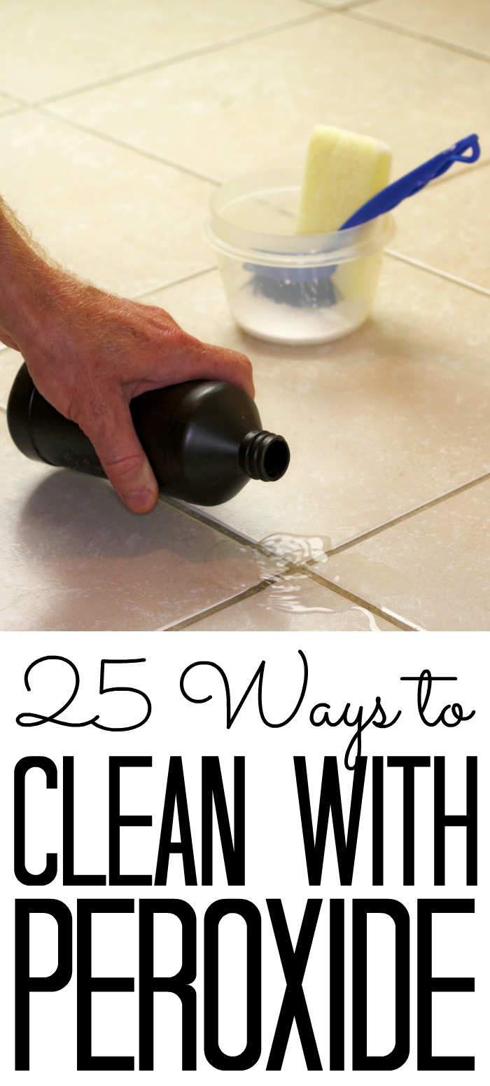 Hydrogen peroxide is a great all-natural cleaner! Once you try cleaning with peroxide you will be using it all over your home to naturally clean your home. 25 Ways to clean with hydrogen peroxide pinterest image