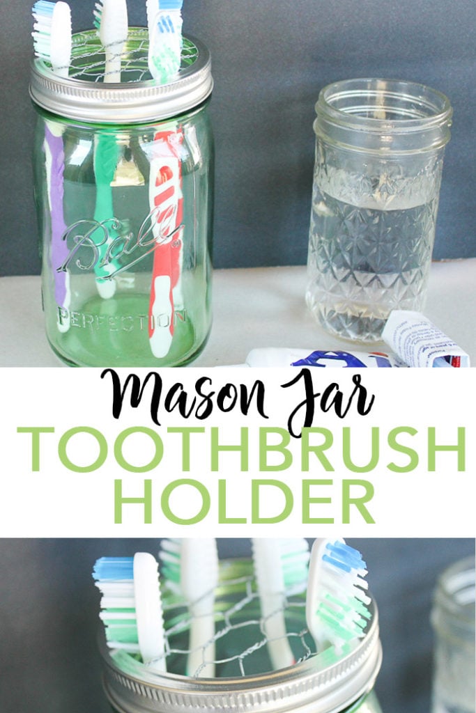 Make a mason jar toothbrush holder in minutes with these easy to follow instructions! An easy DIY project that will look great in your farmhouse style bathroom! #masonjar #farmhousestyle