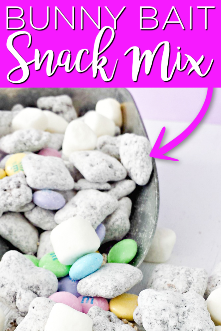 Easter muddy buddies in candy scoop with text overlay.
