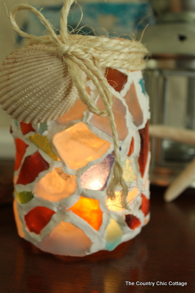 mason jar with sea glass and sea shell