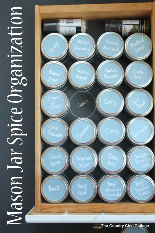 Organizing spices with mason jars -- learn how to use mason jars and chalkboard paper to organize your spice drawers. A great kitchen organization idea!