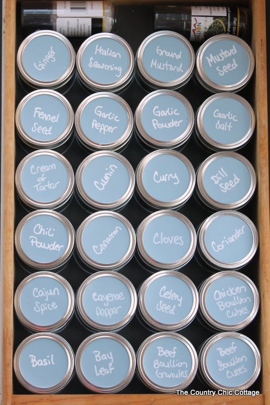 simple spice drawer organization hack: spices in mason jars.