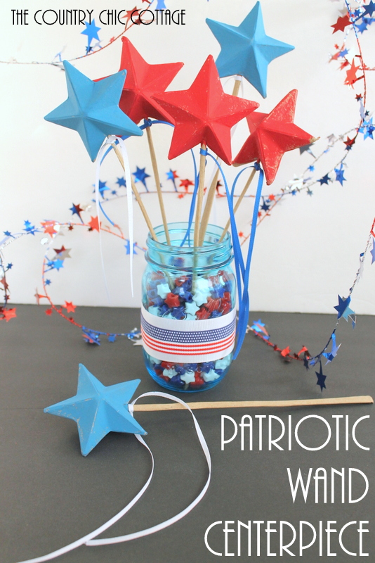 Patriotic Wand Centerpiece -- make a fun centerpiece with patriotic wands for your Fourth of July party. The kids can take home the wands at the end of the night.