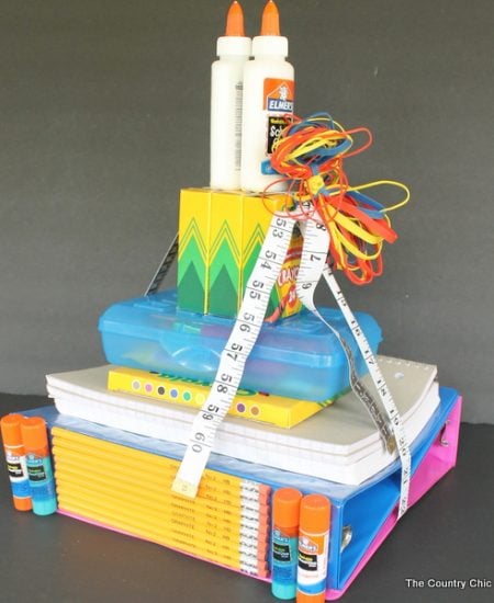 School Supplies Tower Teacher Gift -- make this fun gift for back to school. Every teacher needs school supplies!