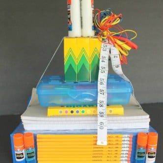 School Supplies Tower Teacher Gift -- make this fun gift for back to school. Every teacher needs school supplies!