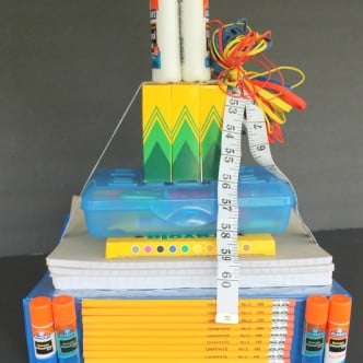 School Supplies Tower Teacher Gift -- make this fun gift for back to school. Every teacher needs school supplies!