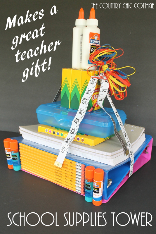 School Supplies Tower Teacher Gift -- make this fun gift for back to school. Every teacher needs school supplies!