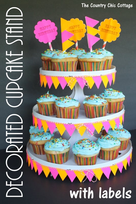 Decorated Cupcake Stand with Labels -- use labels to easily decorate a cardboard cupcake stand!