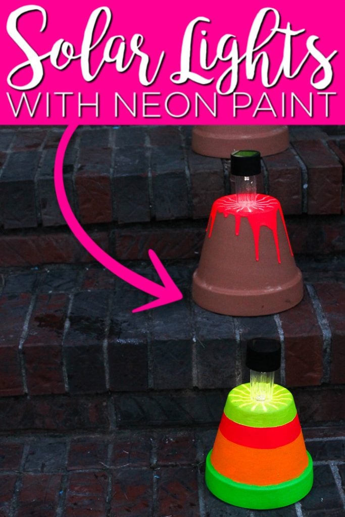 Make these DIY solar lights for your porch or patio this summer. The neon paint helps them to really light up the night plus they are easy enough for kids to make! #solarlights #outdoors #patio #porch #summer