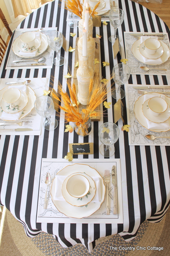 Fall Tablescape Ideas -- Great ideas from bloggers using awning stripe tablecloths.