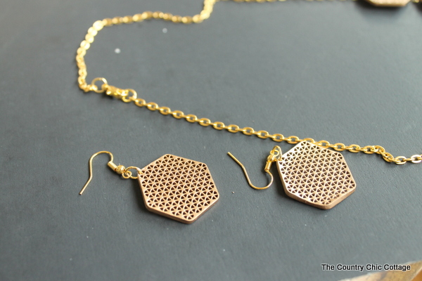 Create matching geometric lace hexagon earrings using earring hooks