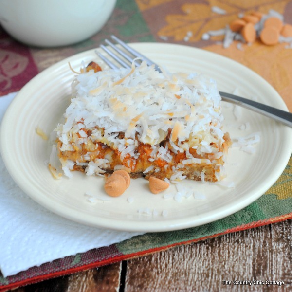 Pumpkin Magic Bars Recipe -- pumpkin with butterscotch and more! Super easy recipe!