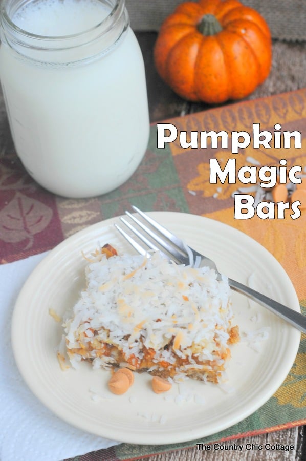 Pumpkin Magic Bars Recipe -- pumpkin with butterscotch and more! Super easy recipe!