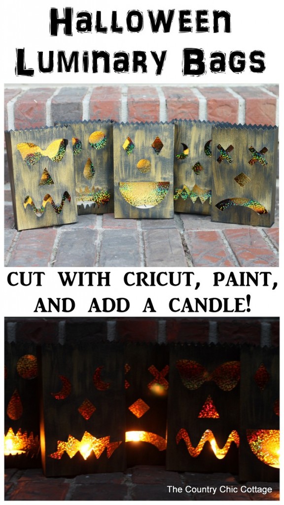 Halloween Luminary Bags with the Cricut Explore -- cut these fun bags, paint, and add a candle. These amazing black and gold bag with light up the night at your Halloween party!