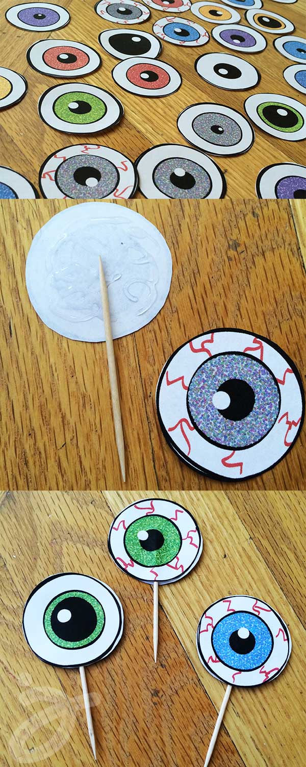 How to make eyeball cupcake toppers and free printable art by Jen Goode