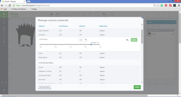 managing custom material settings in Cricut Design Space