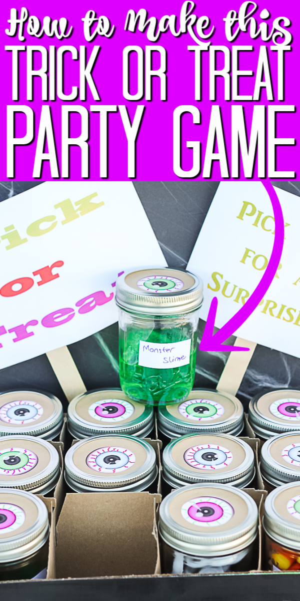 Make a trick or treat game in minutes for a Halloween party they will never forget! Includes free printable labels and instructions! #trickortreat #halloween #halloweengame #masonjars #freeprintables
