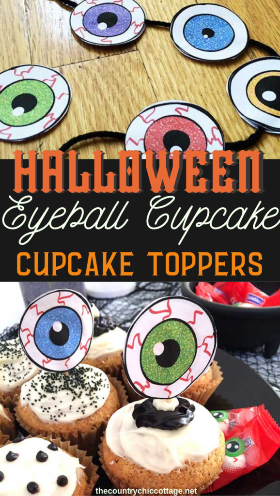 Make these eyeball cupcake toppers this Halloween for a spooky addition to your party! A cute idea that is easy to make with this free printable! #halloween #eyeball #party #cupcakes