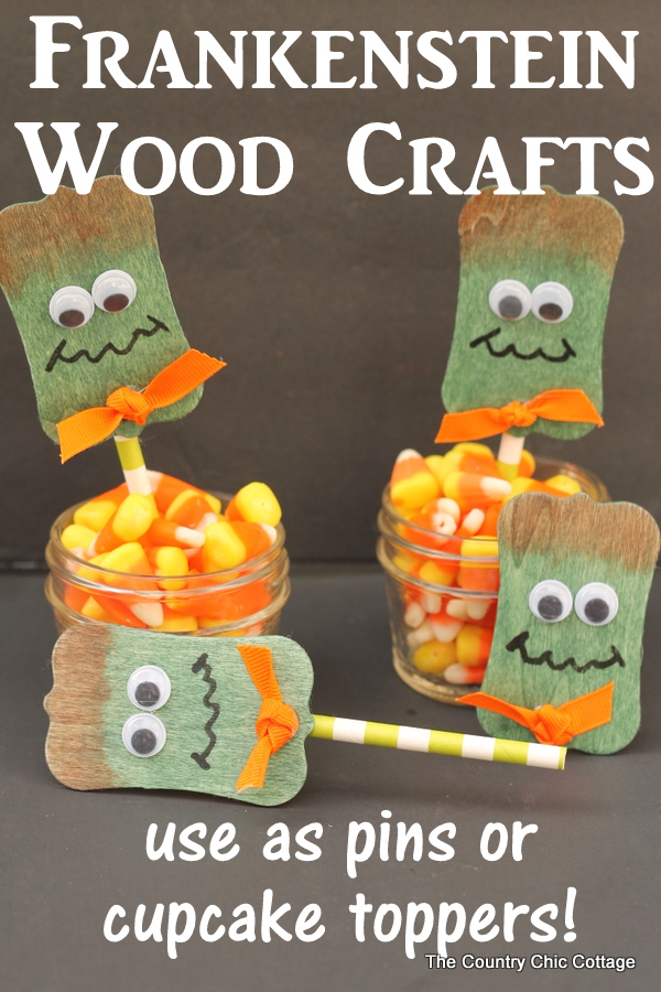Frankenstein Wood Projects -- Halloween ideas using wood tags to make Frankenstein pins and cupcake toppers!