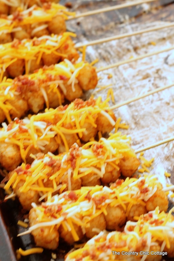 Loaded Tot Kabobs -- turn tater tots into perfect party food with this simple recipe!
