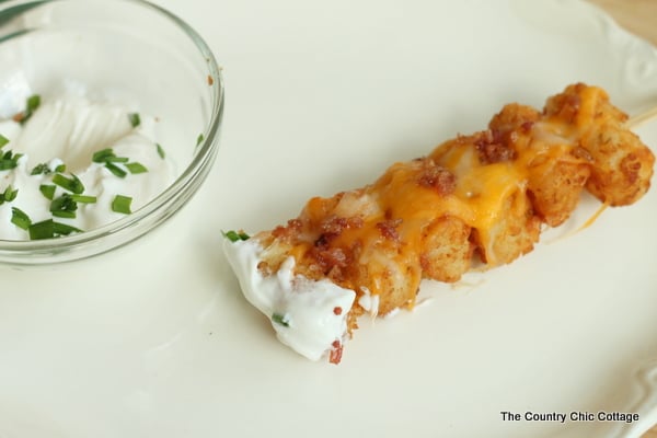 Loaded Tot Kabobs -- turn tater tots into perfect party food with this simple recipe!