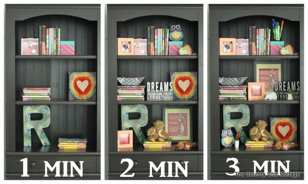 Style a Bookcase in 4 minutes or less -- tips and techniques on arranging items in a bookcase or any shelf!