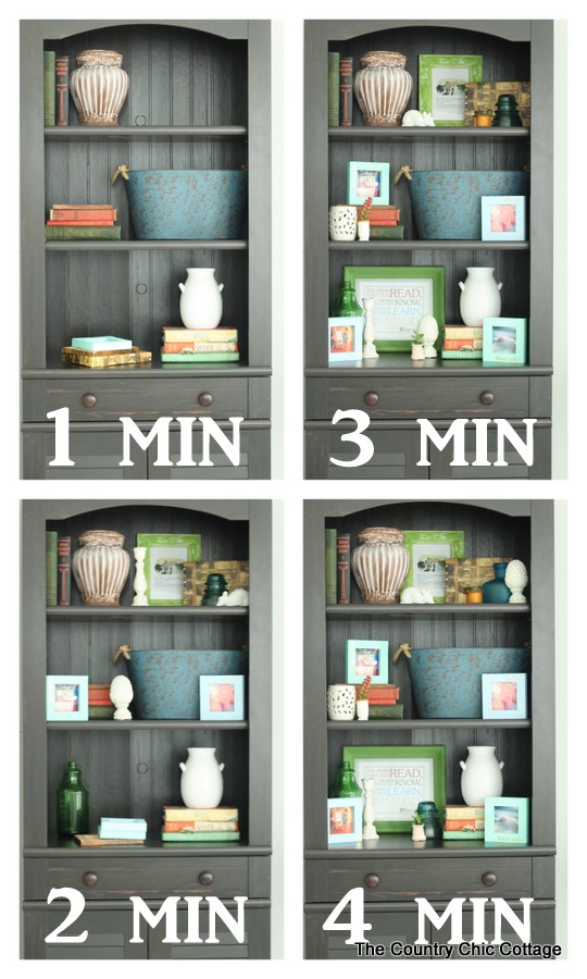Style a Bookcase in 4 minutes or less -- tips and techniques on arranging items in a bookcase or any shelf!